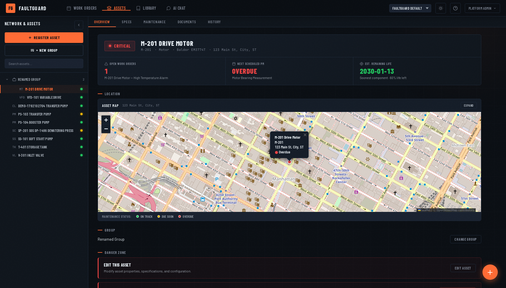 Asset detail page showing equipment record and PM history