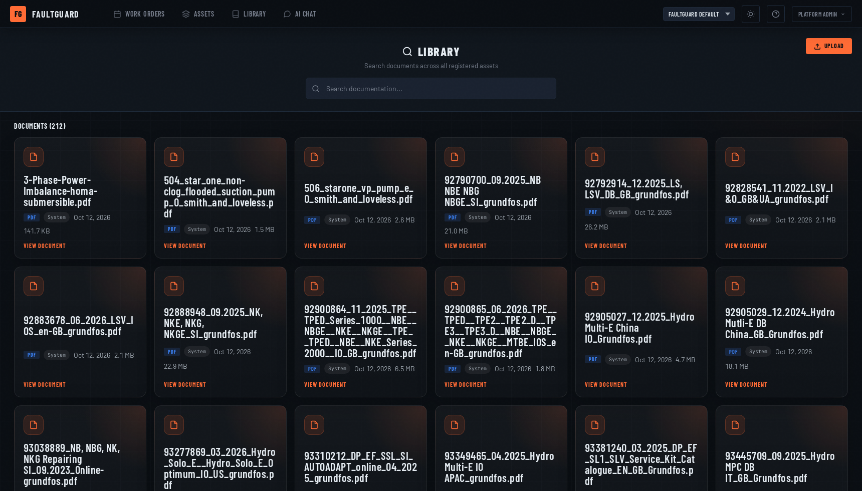 Documentation library showing searchable equipment manuals and SOPs